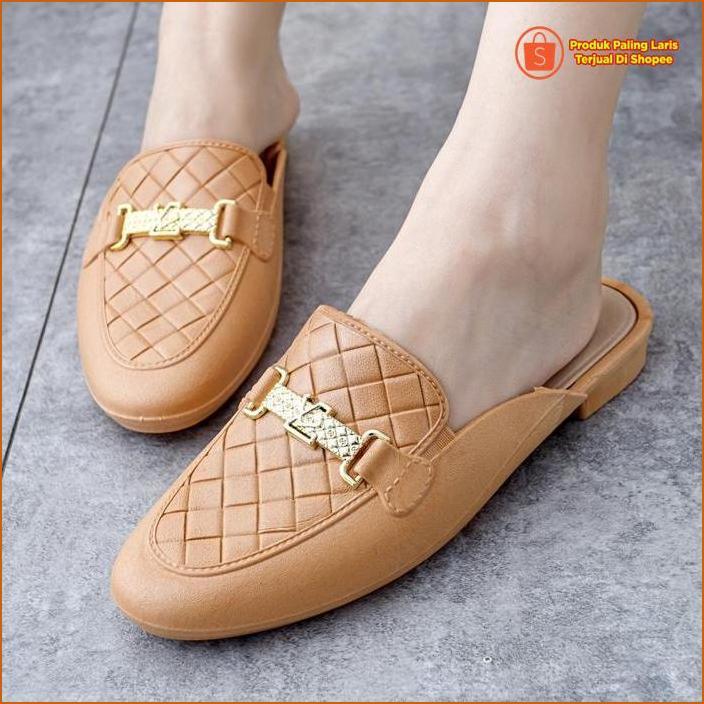 Sepatu Slop Mules Korea Jelly Karet Wanita Gesper Lv Hak 3 Cm Cantik Elegan Formal Mewah Impor Mgr M