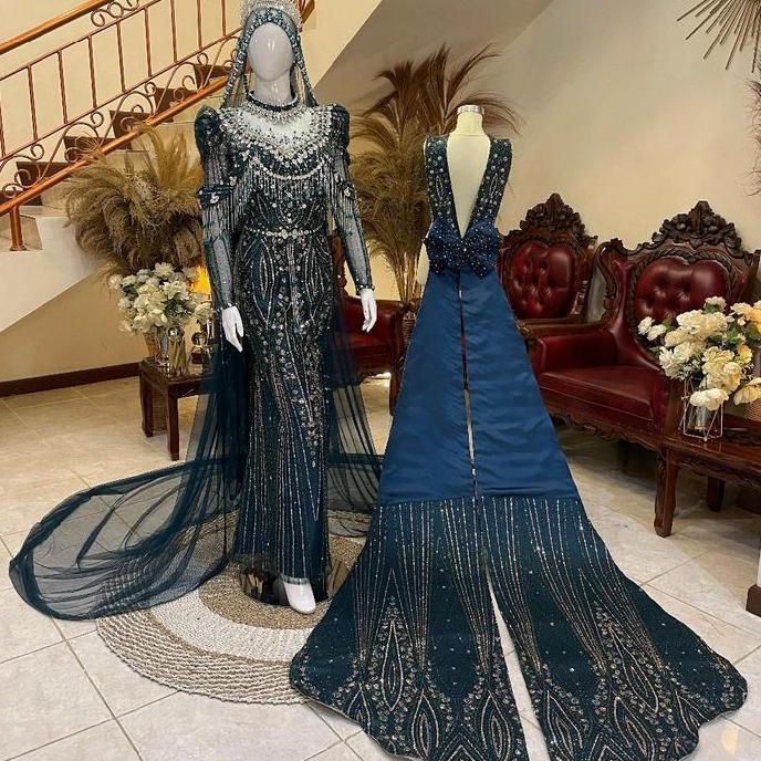 Slim dress ekor congsam | Gaun pengantin ekor panjang | Kebaya akad mewah elegan | gaun pernikahan l