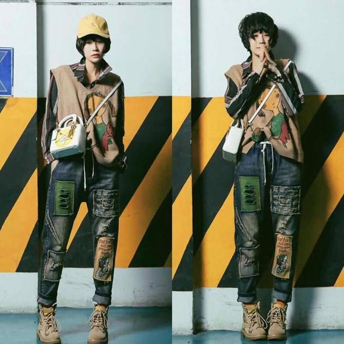 Celana Denim BoyfriendJeans Patch Sobek Sobek Bordir Bear Korea Import