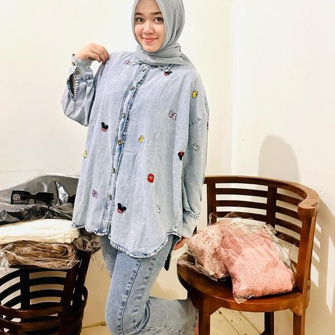 mickey mouse import premium bangkok baju jeans  Bordir Wanita