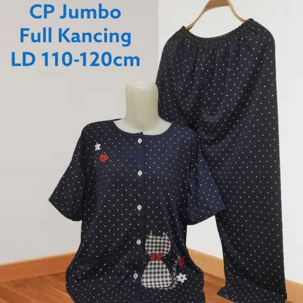 Set BabyDoll Full Kancing Jumbo Bahan Kaos Celana Panjang Baju Tidur Wanita LD 110-120cm Termurah