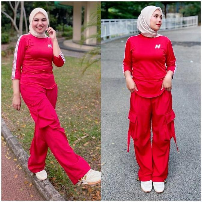 New Arrival, Mix Atasan Baju Senam N Petir Merah Lis Putih Dan Cargo Harajuku Merah Bahan Polyster S