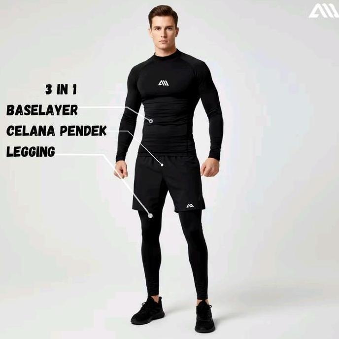 Limited, 3 In 1 Stelan Olahraga Kaos Manset Baselayer Celana Manset Legging Celana Pendek Bola Unise