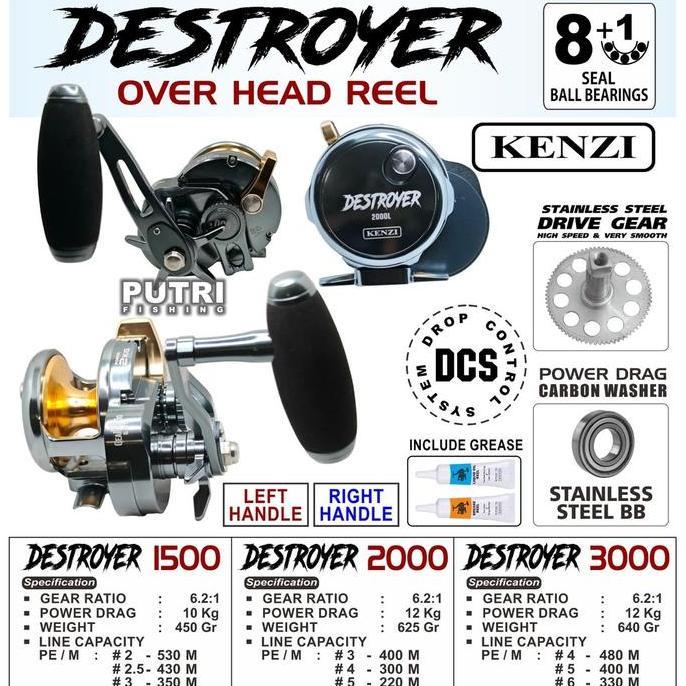 Super Promo, Reel Kenzi Destroyer 1500 2000 3000 Overhead | Reel Pancing Laut Kuat 8+1Bb Drag 10-12K