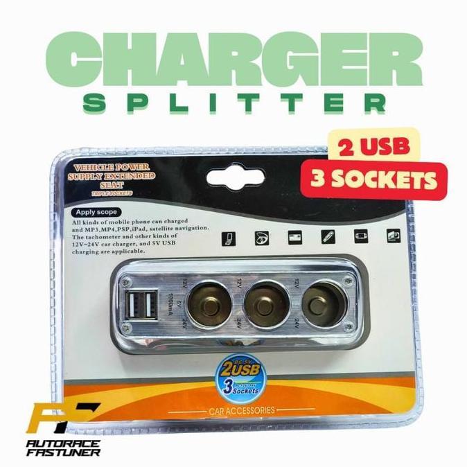 Promo Charger Mobil Colokan USB 3 Soket Lighter Socket Splitter Lighter 3 lubang + 2 USB Charger 1A 