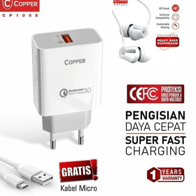 Promo BUNDLING COPPER Charger Fast Charging 18watt CP1008 & EARPHONE CP2001 Diskon