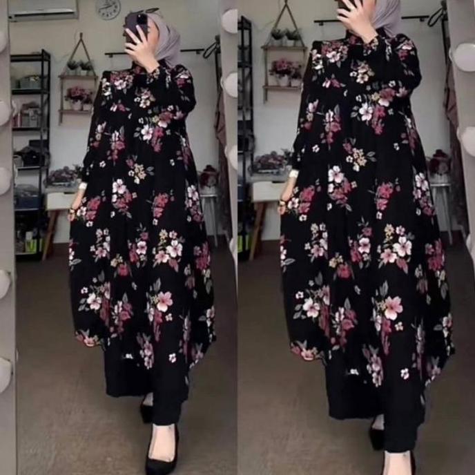 Newrelig- Setelan Long Tunik  Motif Bunga Jasmine Kecil Bahan Rayon Diamond Celana Cringkel