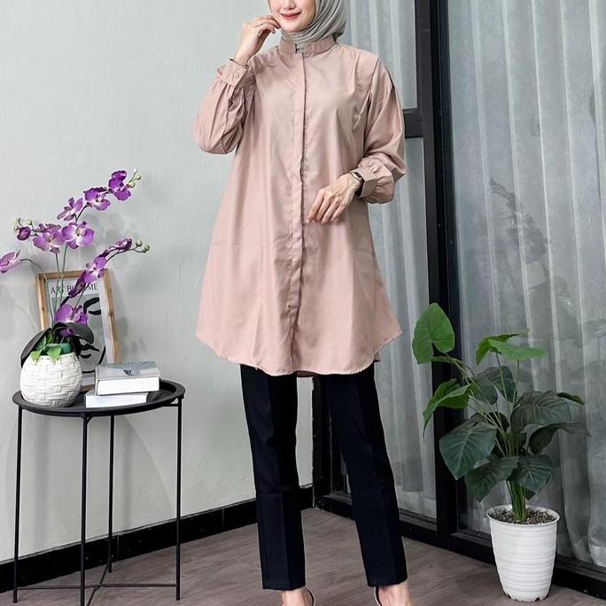 Newrelig- Tunik Hanum Wanita Katun Toyobo Polos Oversize Remaja Muslim - Kancing, Basic, Dewasa, Pan