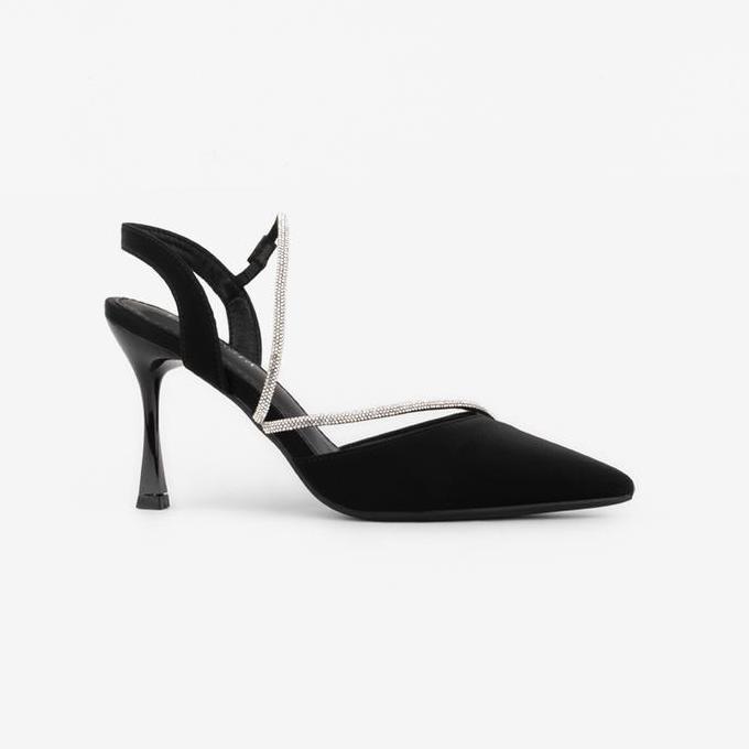 Lawrensia Erika - Sepatu High Heels Wanita Satin Suede Pesta 9.5 Cm Black / Merah - QF3357-8A