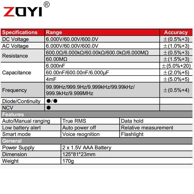 Zoyi ZT-922SE Voice Speak English Multimeter Multitester Avometer D