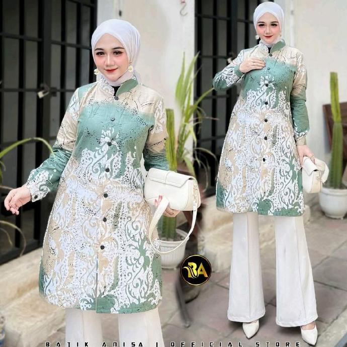 Newrelig- Tunik Batik Wanita Modern.Tunik Batik Warna Soft.Tunik Batik Full Kancing Depan.Tunik Katu