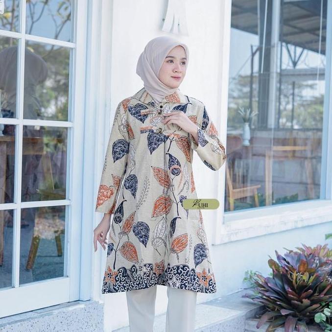 Newrelig- Tunik Daun Suruh Krem Full Trikot Batik Motif Muslim Panjang