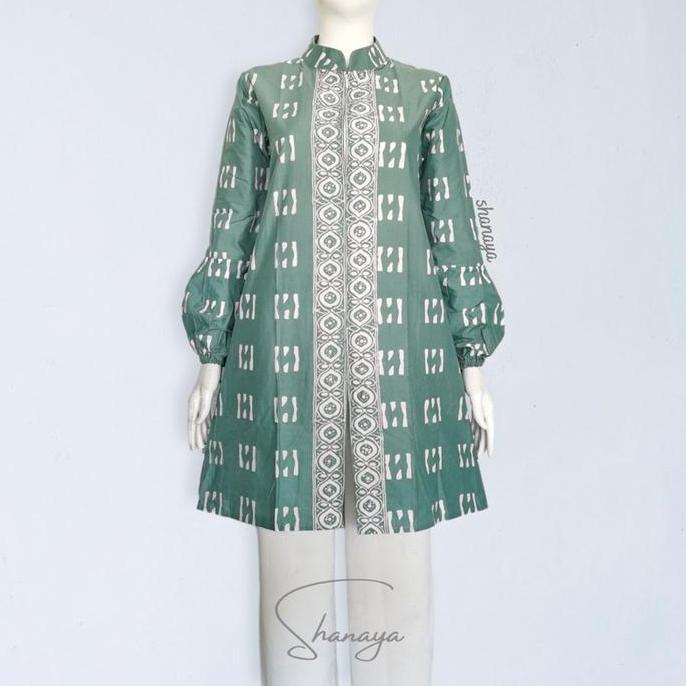 Newrelig- Shanaya Baju Atasan Batik Wanita Tunik Lengan Balon Sage Green Zipper Depan Blouse Elegan 