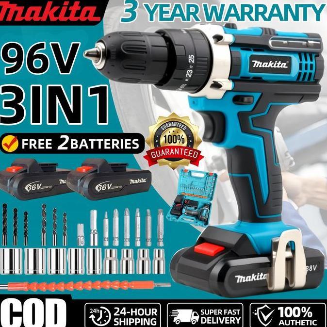 Promo Makita 3 in 1 96v bor tanpa sikat bor benturan 2 baterai bor bolak-balik tanpa kabel dapat dig