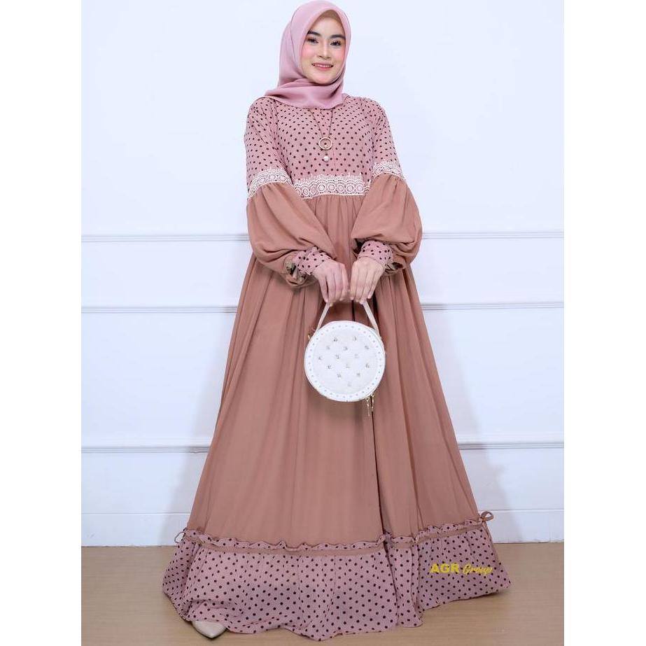 Regreg- Gamis Jumbo Syari Bakhri Bahan Ceruty Motif Polkadot Busui Full Furing Size 3Xl Ld 130 Baju 