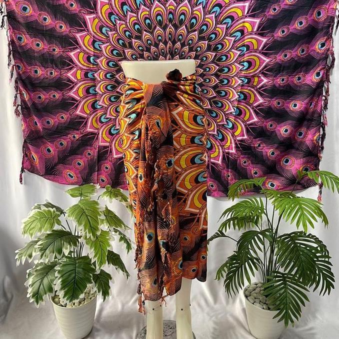 Lansungkirim- Kain Pantai Motif Merak - Bahan Rayon - Kain Pantai Bali - Sarung Pantai - Sarung Bali