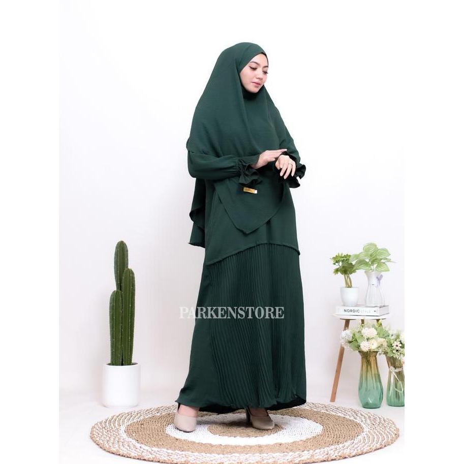 Khansa Abaya Plisket Set Semi French Khimar Crinkle Airflow Mewah Syari Wanita Muslim Gamis Lebaran 