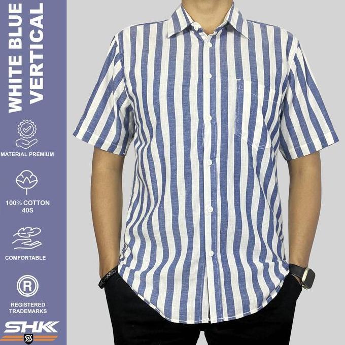 FREE ONGKIR SHK KEMEJA STRIPE SERIES COWOK CEWEK KATUN TWILL BAJU LENGAN PENDEK MOTIF SALUR GARIS AT