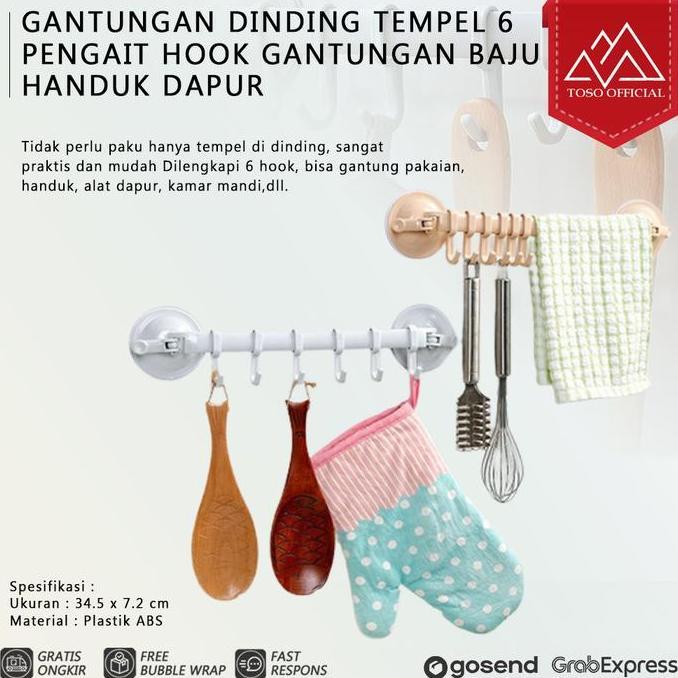 Gantungan Dinding Tempel 6 Pengait Hook Gantungan Baju Handuk Dapur