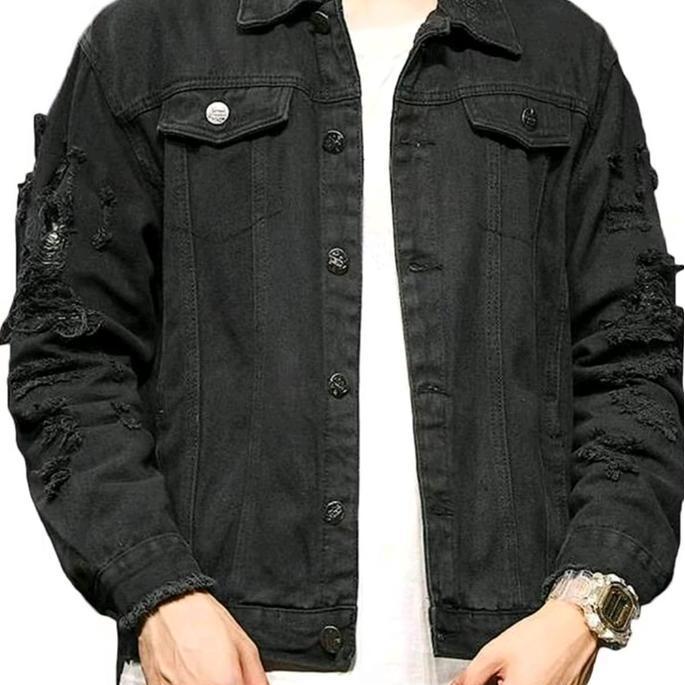 Jaket Jeans Pria Hitam Polos Sobek Kancing Atasan Kasual Unisex Distro Cowok Keren