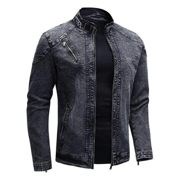 Jaket jeans jaket denim pria krah tinggi resleting biker hitam atasan pria distro keren kasual