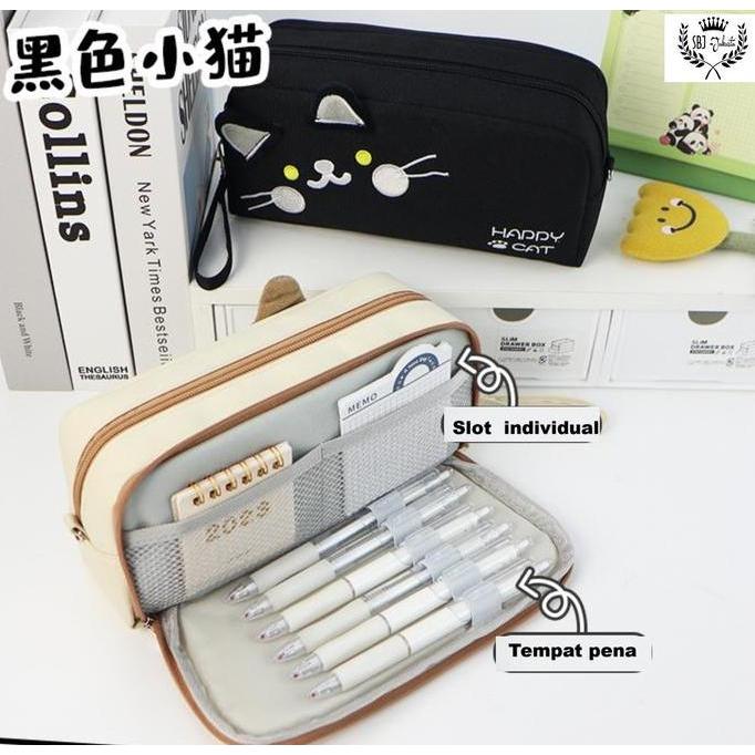 Tempat pensil kotak pensil happy cat double layer kapasitas besar pencil case