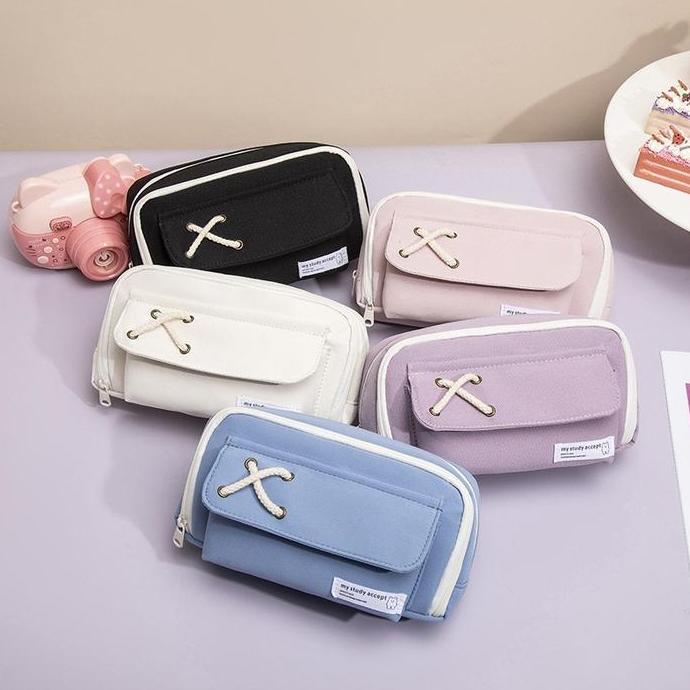 YBL-COD Tempat Pensil Model Pita Silang Kotak Pensil Tali Rami Ritsleting Ganda Bahan Kanvas Pouch T
