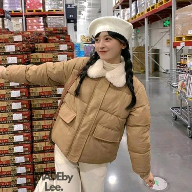 jaket gelembung  Wanita kerah bulu Winter Cream