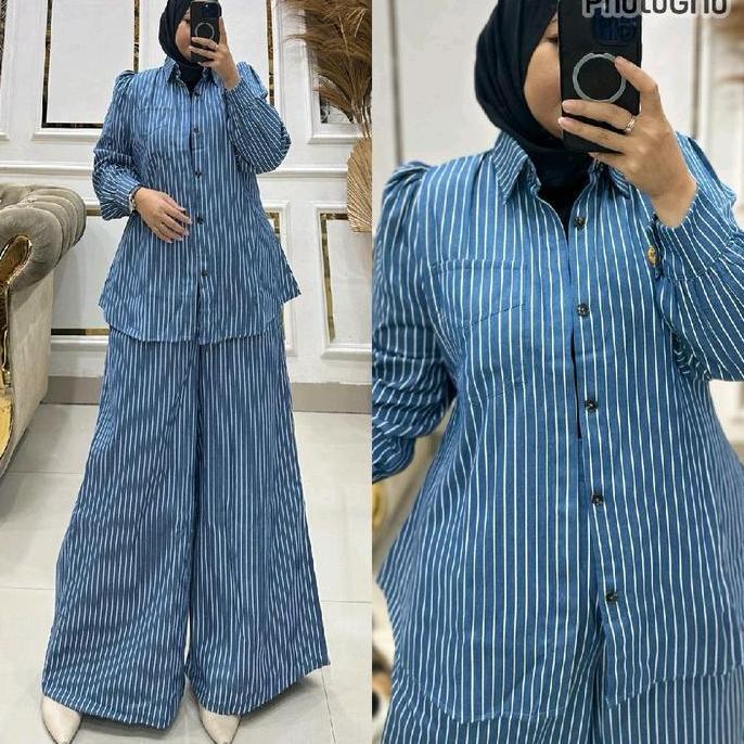 Queenasyari - Adeline Setelan Celana Jeans Jumbo Ld 120-140 Kulot Palazzo / Rok Bahan Soft Jeans Was
