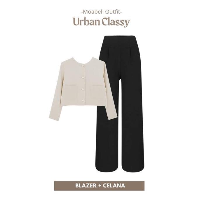 Urban Classy One Set Premium (Blazer + Celana Kulot + Hijab Segiempat) Setelan Wanita Kekinian Atasa