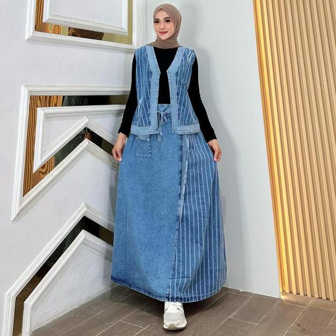 Felixa One Set Jeans Rompi Salur Fashion Muslim Wanita Kekinian