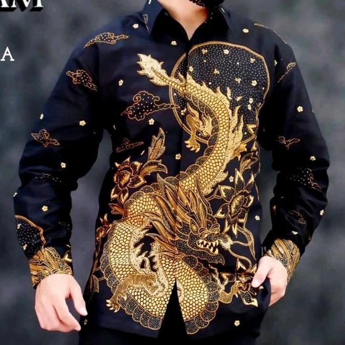 FREE ONGKIR KEMEJA BATIK LENGAN PANJANG MOTIF NAGA KEMEJA BATIK PREMIUM WARNA HITAM FULL FURING BAJU