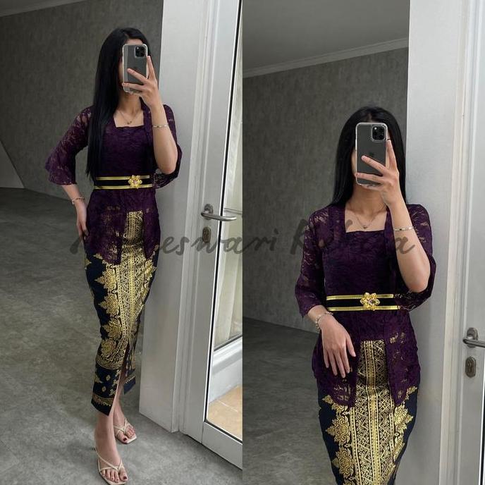 Grade Ori Kebaya Bali Set Brukat Lonceng Ungu Juwet