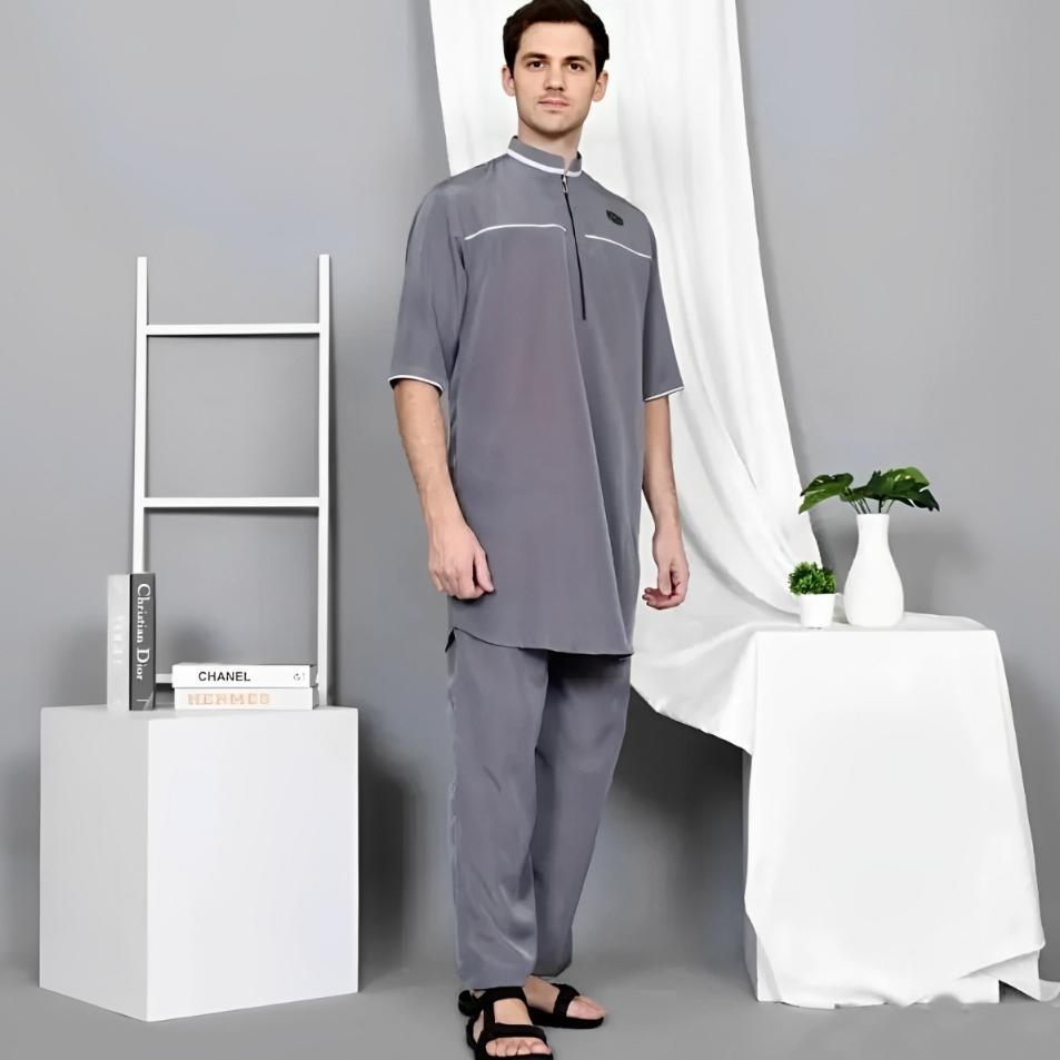 Gratong Koko Setelan Pria Model List Simple - Gamis Pakistan Laki Laki Dewasa - Kurta Setelan Baju D