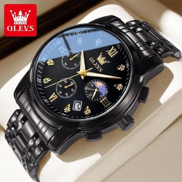 OLEVS Jam Tangan Pria Original Anti Air Tahan Led Sport Analog Chronograph Stainless Steel Watches M