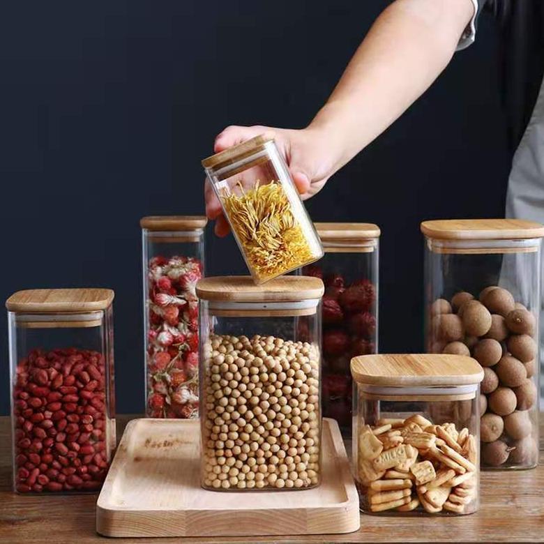 ASHOME Toples Kaca Makanan Bulat Dengan Tutup Kayu / Toples Snack Kaca / Snack Jar Kaca / Toples Mak