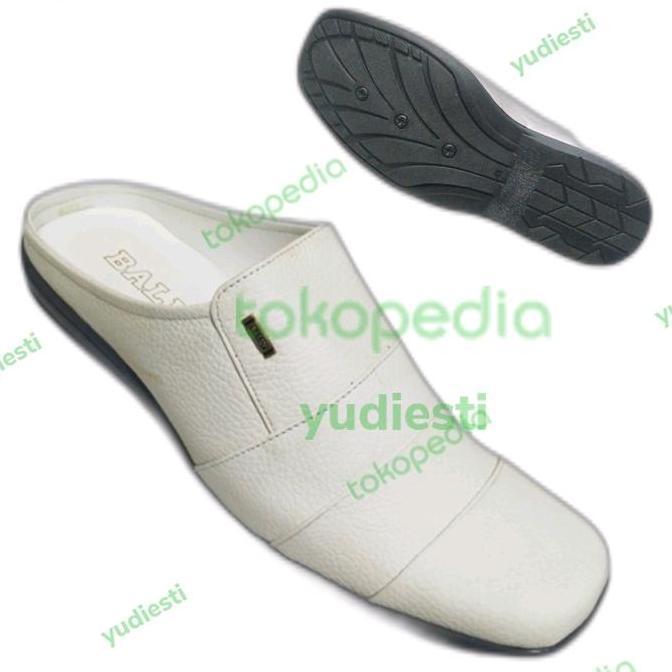sepatu sandal bustong/slop pria kulit asli warna putih