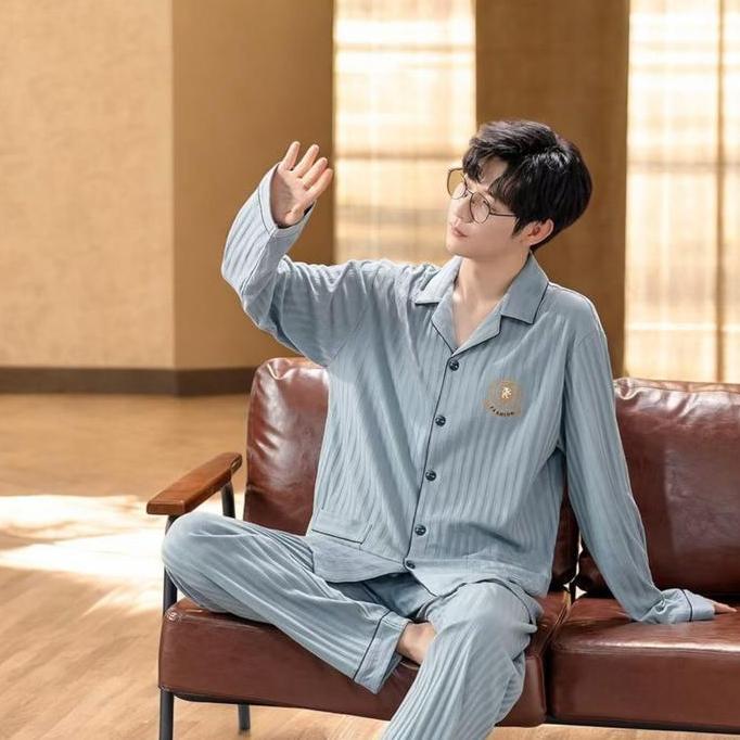 Baju Tidur Piyama Setelan PP Cowok Pria Dewasa Bahan Kaos Katun Lengan Panjang Celana Panjang Model 