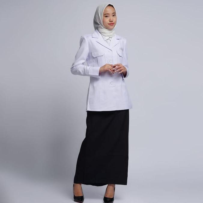 Baju kerja wanita putih hitam krah Jas