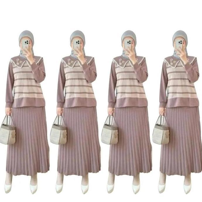 BMF2 - Setelan Rok Bordir Plisket SR 689 One Set XL Rib Knit Pakaian Fashion Muslim Wanita Panjang T