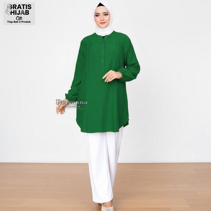 Blus Wanita Hijau Botol Lengan Panjang Model Oversize Anti Luntur Rayon Viscose Katun Santai Kantor 