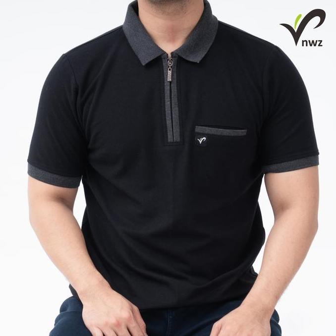 Kaos Polo Kerah Wangki Pria Zipper Saku Big Size Cotton | Baju Jumbo Resleting Warna Hitam Abu