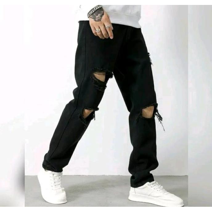 celana jeans pria model sobek temus basic celana jeans cowok dewasa motif sobek lutut rippet dengkul