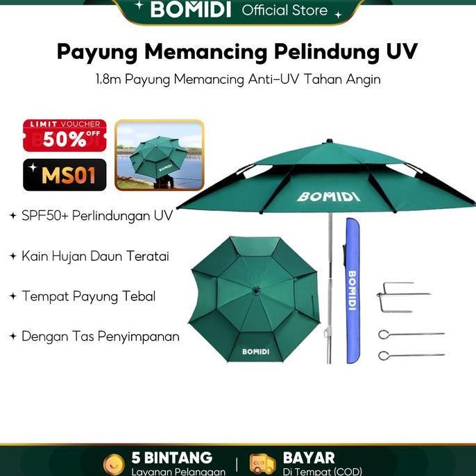 Homefix- Bomidi 1.8M Portabel Payung Teras Memancing Pelindung Uv Payung Tenda Teras Pantai Luar Rua