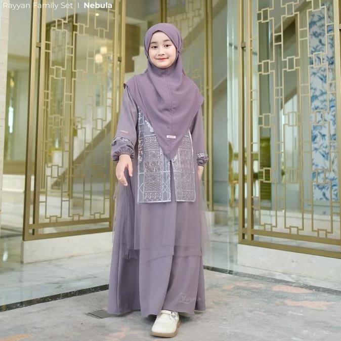 Gamis Anak Perempuan Usia 8-13 Tahun Rayyan Dress Ceruty Babydoll Mix Brukat Full Furring Tile Layer