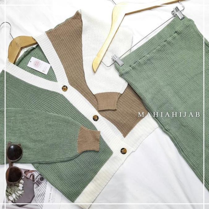 Sendtoday- Yena One Set Cardigan 3Tone + Rok Rajut Span Setelan Wanita Baju Rajut Premium Rok Knit D
