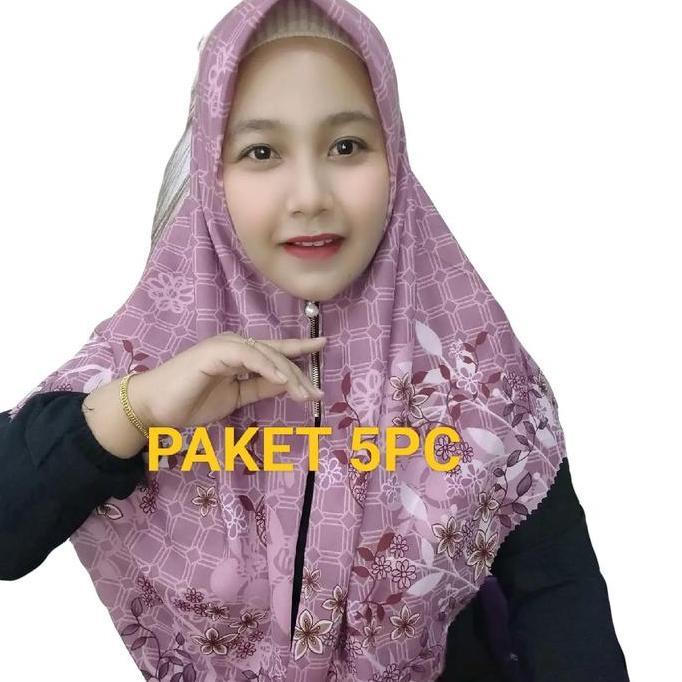 PAKET HEMAT HIJAB ZIPER MOTIF 5PC Instan Mewah Zipper Muslim Mutiara hijab motif Voal Azahra Lembut 