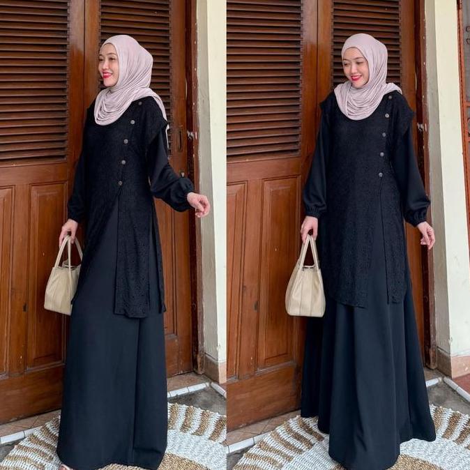 Busananew- Joley Cloth - Naviera 2In1 Dress + Outer Bordir Lepas Pasang Lembut Outfit Kondangan Eleg