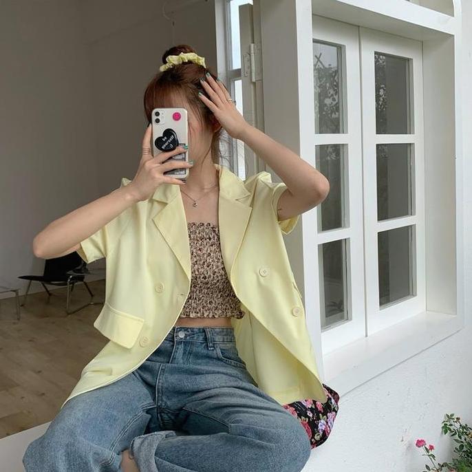 Fwbgy- Hijau Biru Kuning Ungu Korea Blazer Wanita Lengan Pendek Setelan Jas Blazer Women Outer Murah