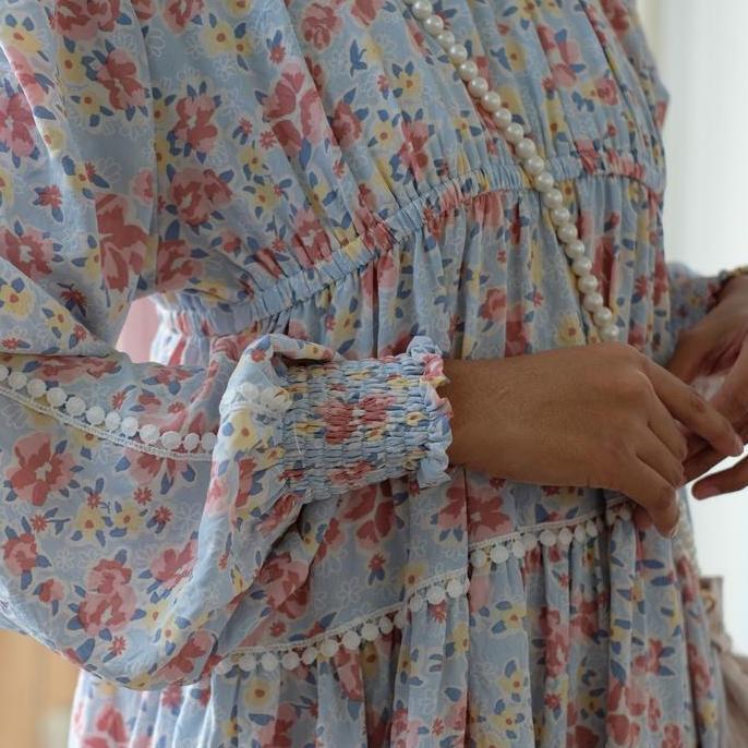 Eclemix Dress Euna | Baju Wanita Vintage Motif Bunga | Gamis Wanita Lengan Kerut (TERBAIK) (TERBARU)